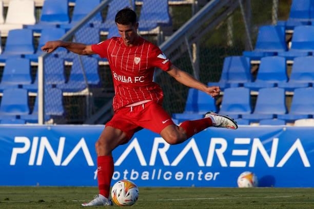 Pedro Ortiz of Sevilla does passed during the pre-season friendly match between Sevilla CF and Coventry City at Pinatar Arena on July 17, 2021 in...