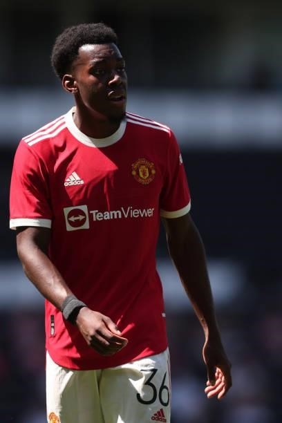 Anthony Elanga of Manchester United during the pre-season friendly between Derby County and Manchester United at Pride Park on July 18, 2021 in...