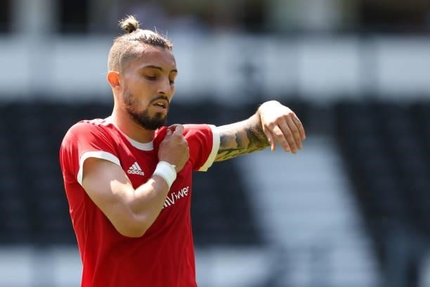 Alex Telles of Manchester United during a pre-season friendly between Derby County and Manchester United at Pride Park on July 18, 2021 in Derby,...