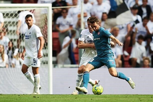 Louka Prip of AaB Aalborg in action during the Danish 3F Superliga match between FC Copenhagen and AaB Aalborg at Parken Stadium on July 18, 2021 in...
