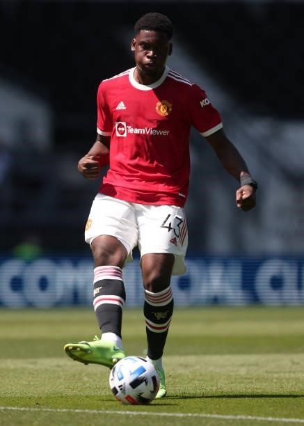 Tengi Mengi of Manchester United during the pre-season friendly between Derby County and Manchester United at Pride Park on July 18, 2021 in Derby,...