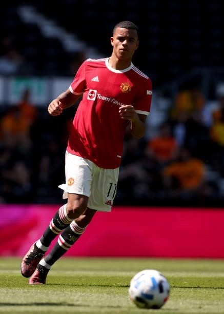 Mason Greenwood of Manchester United during the pre-season friendly between Derby County and Manchester United at Pride Park on July 18, 2021 in...