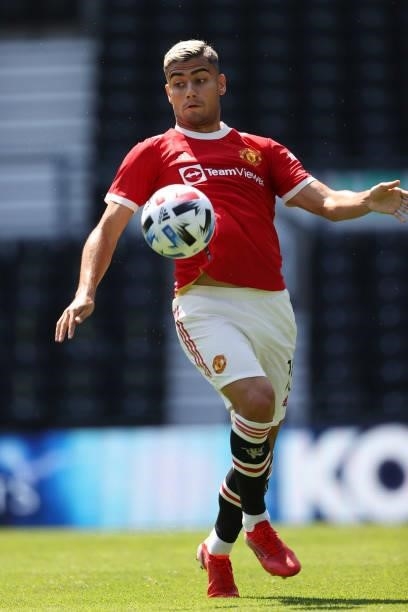 Andreas Pereira of Manchester United during a pre-season friendly between Derby County and Manchester United at Pride Park on July 18, 2021 in Derby,...