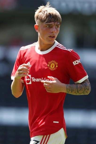 Brandon Williams of Manchester United during a pre-season friendly between Derby County and Manchester United at Pride Park on July 18, 2021 in...