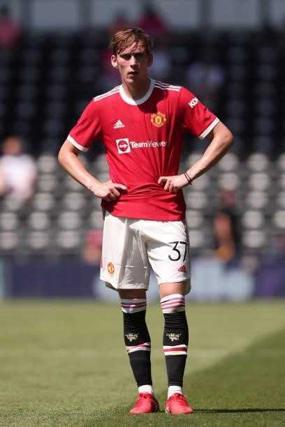 James Garner of Manchester United during the pre-season friendly between Derby County and Manchester United at Pride Park on July 18, 2021 in Derby,...