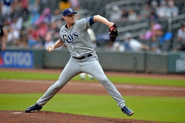 Pete Fairbanks of the Tampa Bay Rays pitches in the ninth inning against the Atlanta Braves at Truist Park on July 18, 2021 in Atlanta, Georgia.
