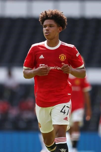 Shola Shoretire of Manchester United during a pre-season friendly between Derby County and Manchester United at Pride Park on July 18, 2021 in Derby,...