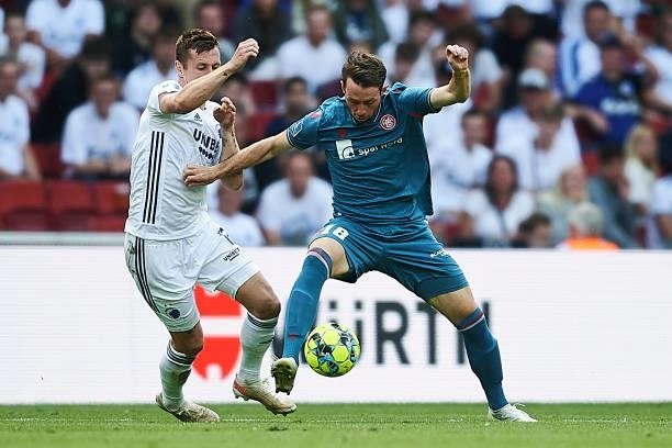 Lukas Lerager of FC Copenhagen and Louka Prip of AaB Aalborg compete for the ball during the Danish 3F Superliga match between FC Copenhagen and AaB...