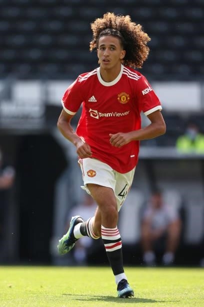 Hannibal Mejbri of Manchester United during a pre-season friendly between Derby County and Manchester United at Pride Park on July 18, 2021 in Derby,...
