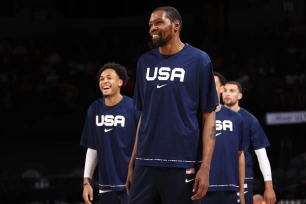 Kevin Durant of the USA Men's National Team smiles before the game against the Spain Men's National Team on July 18, 2021 at Michelob ULTRA Arena in...