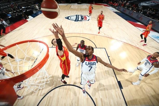 Kevin Durant of the USA Men's National Team rebounds the ball during the game against the Spain Men's National Team on July 18, 2021 at Michelob...