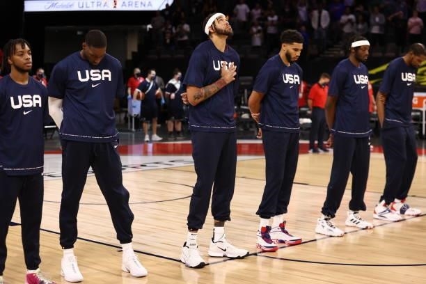 JaVale McGee of the USA Men's National Team looks on during the national anthem before the game against the Spain Men's National Team on July 18,...
