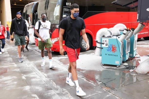 Jayson Tatum of the USA Men's National Team arrives to the arena before the game against the Spain Men's National Team on July 18, 2021 at Michelob...