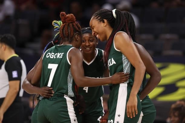 The Nigeria Women's National Team huddles up during the game against the USA Basketball Womens National Team on July 18, 2021 at Michelob ULTRA Arena...