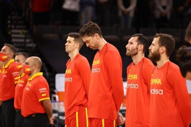 Pau Gasol of the Spain Men's National Team during the anthem before the game against the U.S. Men's National Team on July 18, 2021 at Michelob ULTRA...