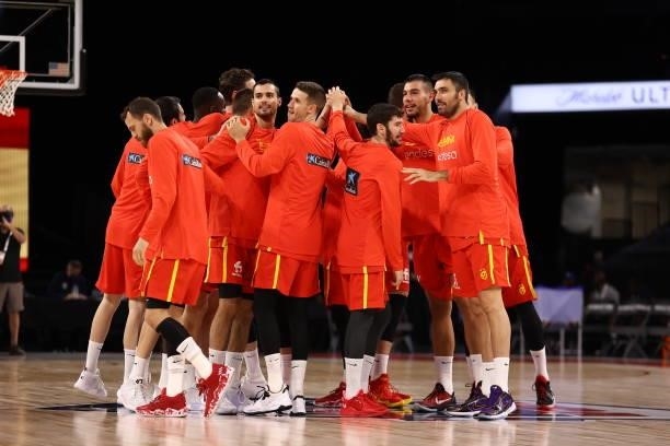 The Spain Men's National Team huddle up before the game against the U.S. Men's National Team on July 18, 2021 at Michelob ULTRA Arena in Las Vegas,...