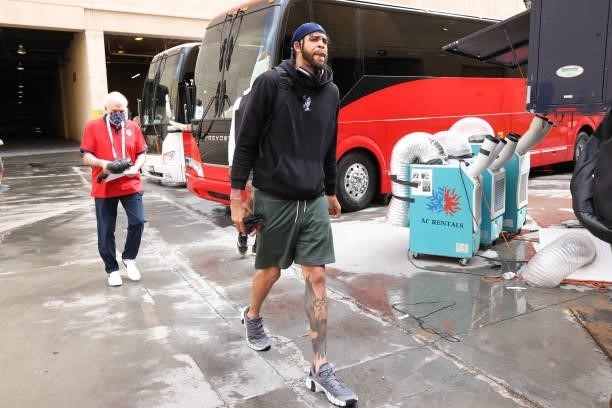 JaVale McGee of the USA Men's National Team arrives to the arena before the game against the Spain Men's National Team on July 18, 2021 at Michelob...