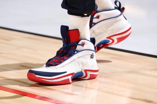 The sneakers worn by Jayson Tatum of the USA Men's National Team on July 18, 2021 at Michelob ULTRA Arena in Las Vegas, Nevada. NOTE TO USER: User...