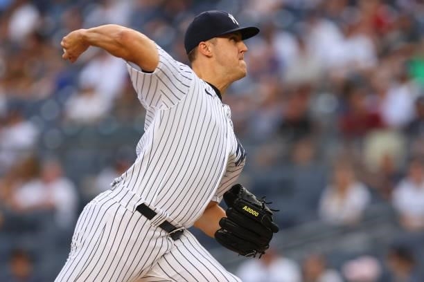 Jameson Taillon of the New York Yankees delivers a pitch against of the Boston Red Sox during the first inning at Yankee Stadium on July 18, 2021 in...