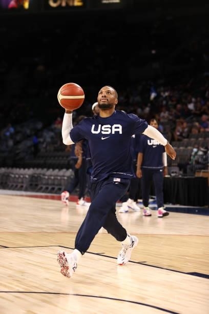 Damian Lillard of the USA Men's National Team warms up before the game against the Spain Men's National Team on July 18, 2021 at Michelob ULTRA Arena...