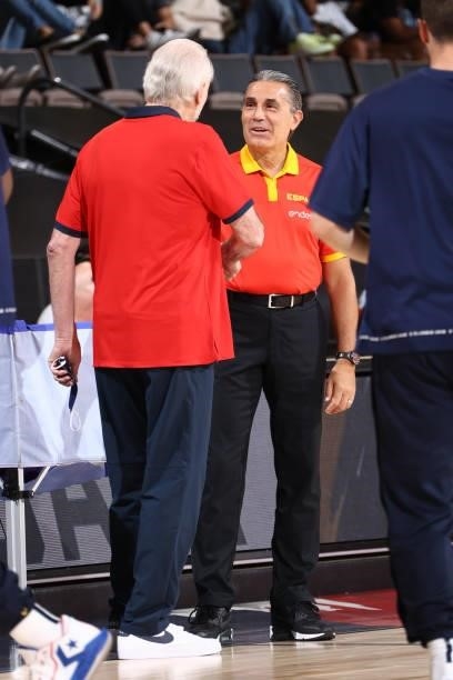 Head Coach Gregg Popovich of the USA Men's National Team talks with Head Coach Sergio Scariolo of the Spain Men's National Team on July 18, 2021 at...