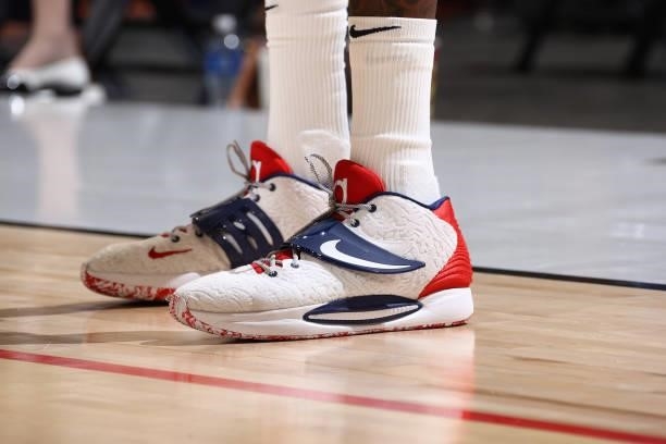 The sneakers worn by Kevin Durant of the USA Men's National Team on July 18, 2021 at Michelob ULTRA Arena in Las Vegas, Nevada. NOTE TO USER: User...