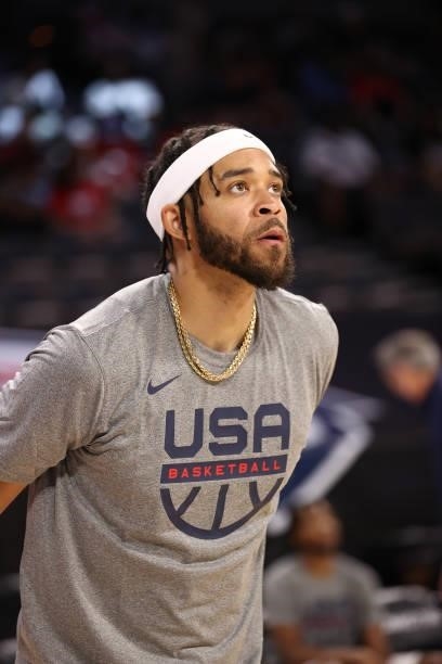 JaVale McGee of the USA Men's National Team looks on before the game against the Spain Men's National Team against the Spain Men's National Team on...