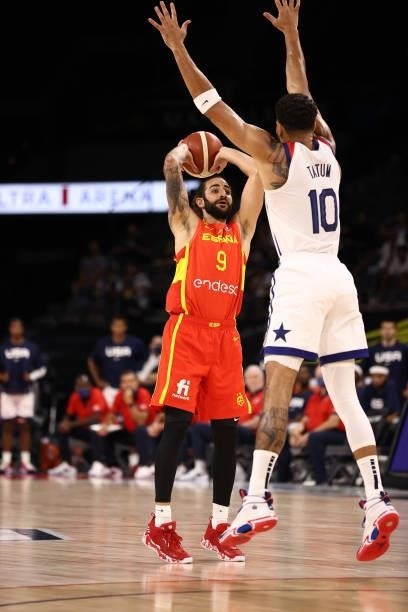 Ricky Rubio of the Spain Men's National Team looks to pass the ball against the USA Men's National Team on July 18, 2021 at Michelob ULTRA Arena in...