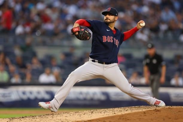 Martín Pérez of the Boston Red Sox delivers a pitch against the New York Yankees in the third inning of a game at Yankee Stadium on July 18, 2021 in...