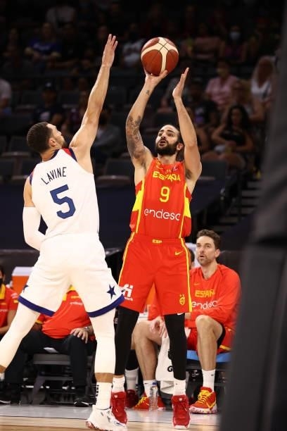 Ricky Rubio of the Spain Men's National Team shoots the ball against the USA Men's National Team on July 18, 2021 at Michelob ULTRA Arena in Las...