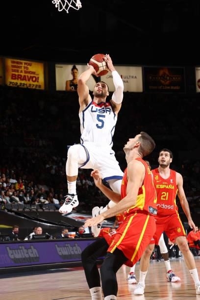 Zach LaVine of the USA Men's National Team shoots the ball during the game against the Spain Men's National Team on July 18, 2021 at Michelob ULTRA...