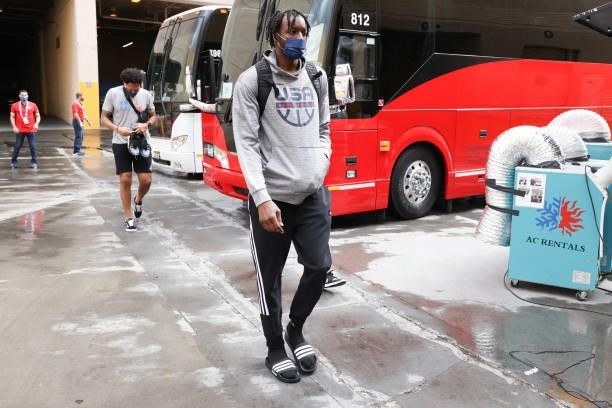 Jerami Grant of the USA Men's National Team arrives to the arena before the game against the Spain Men's National Team on July 18, 2021 at Michelob...