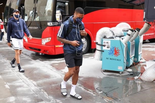 Damian Lillard of the USA Men's National Team arrives to the arena before the game against the Spain Men's National Team on July 18, 2021 at Michelob...