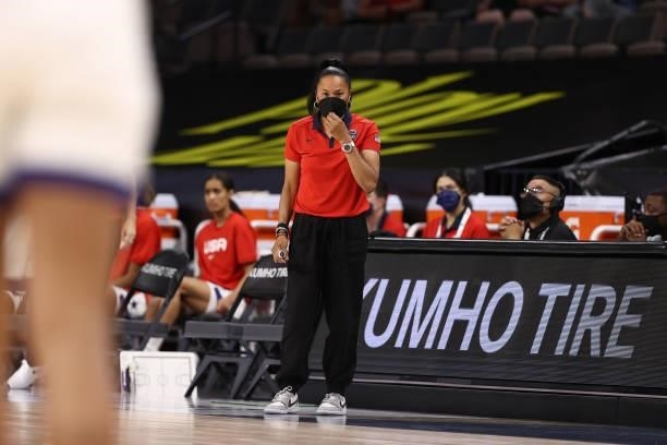 Head Coach Dawn Staley of the USA Basketball Womens National Team looks on during the game against the Nigeria Women's National Team on July 18, 2021...