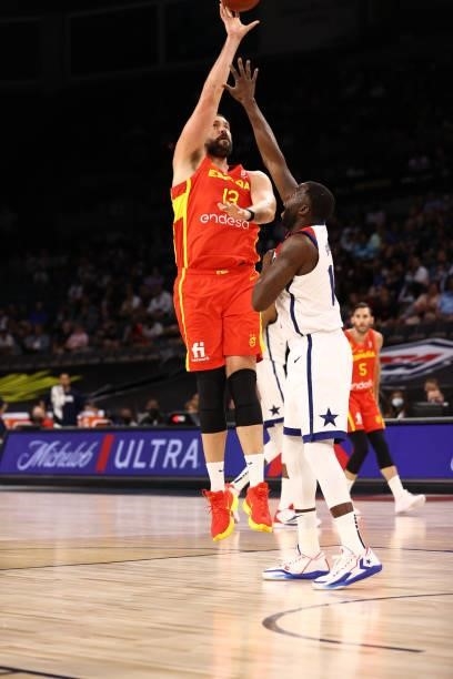 Marc Gasol of the Spain Men's National Team shoots the ball against the USA Men's National Team on July 18, 2021 at Michelob ULTRA Arena in Las...