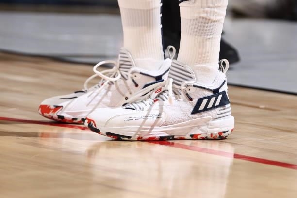 The sneakers worn by Damian Lillard of the USA Men's National Team on July 18, 2021 at Michelob ULTRA Arena in Las Vegas, Nevada. NOTE TO USER: User...