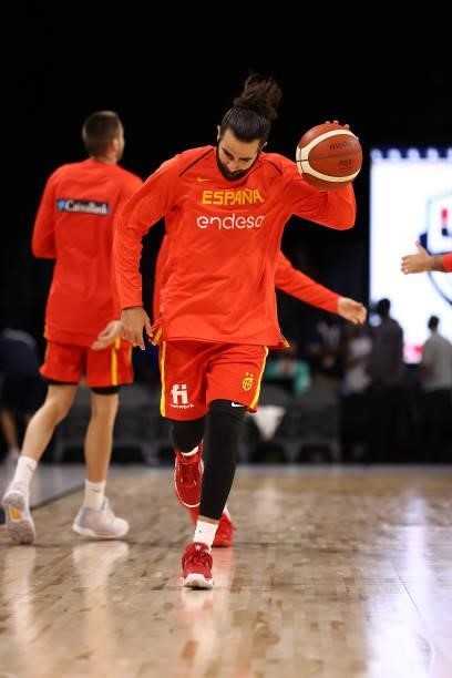 Ricky Rubio of the Spain Men's National Team warms up before the game against the Spain Men's National Team on July 18, 2021 at Michelob ULTRA Arena...