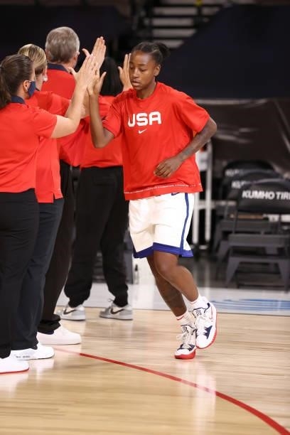 Jewell Loyd of the USA Basketball Womens National Team high fives teammates before the game against the Nigeria Women's National Team on July 18,...