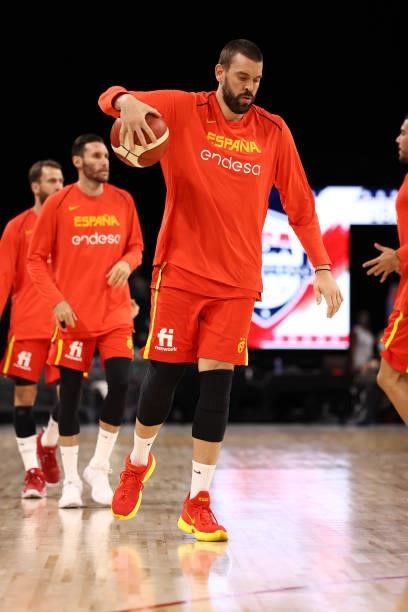Marc Gasol of the Spain Men's National Team warms up before the game against the U.S. Men's National Team on July 18, 2021 at Michelob ULTRA Arena in...