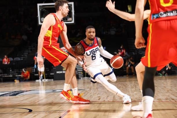 Damian Lillard of the USA Men's National Team drives to the basket during the game against the Spain Men's National Team on July 18, 2021 at Michelob...