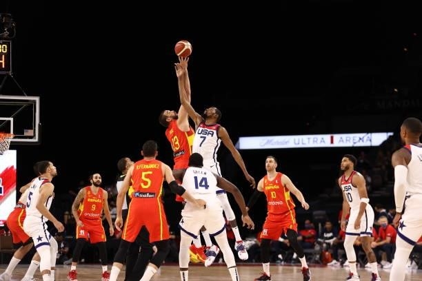 The tip off between the Spain Men's National Team and USA Men's National Team on July 18, 2021 at Michelob ULTRA Arena in Las Vegas, Nevada. NOTE TO...
