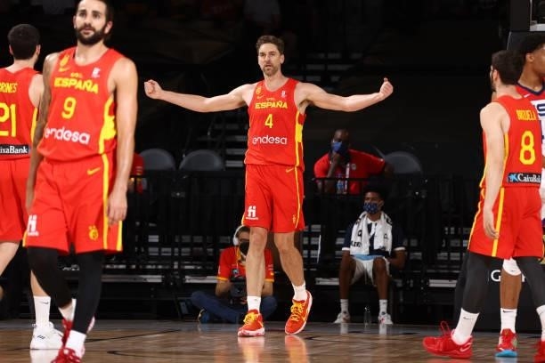 Pau Gasol of the Spain Men's National Team celebrates during the game against the USA Men's National Team on July 18, 2021 at Michelob ULTRA Arena in...
