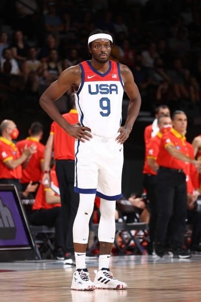 Jerami Grant of the USA Men's National Team looks on during the game against the Spain Men's National Team on July 18, 2021 at Michelob ULTRA Arena...