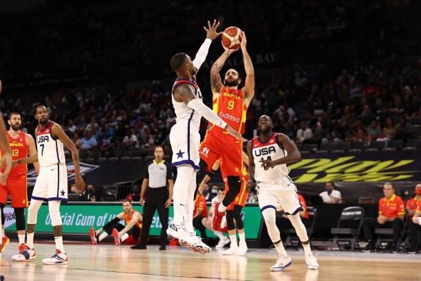 Ricky Rubio of the Spain Men's National Team shoots the ball against the USA Men's National Team on July 18, 2021 at Michelob ULTRA Arena in Las...