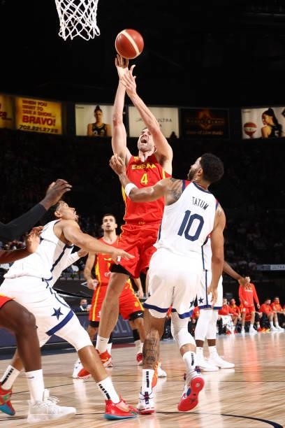 Pau Gasol of the Spain Men's National Team shoots the ball during the game against the USA Men's National Team on July 18, 2021 at Michelob ULTRA...
