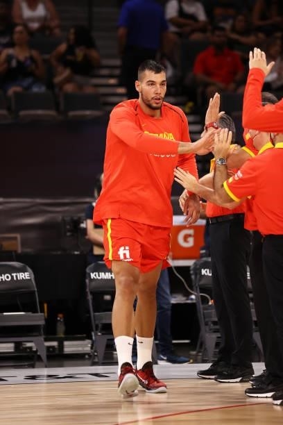 Willy Hernangomez of the Spain Men's National Team high fives teammates before the game against the U.S. Men's National Team on July 18, 2021 at...