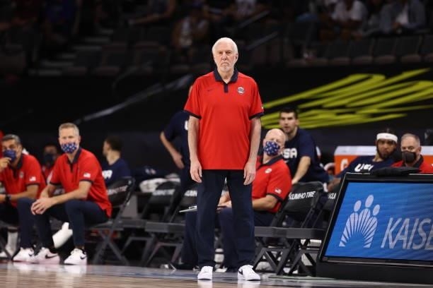 Gregg Popovich Head Coach of the USA Men's National Team looks on during the game against the Spain Men's National Team on July 18, 2021 at Michelob...