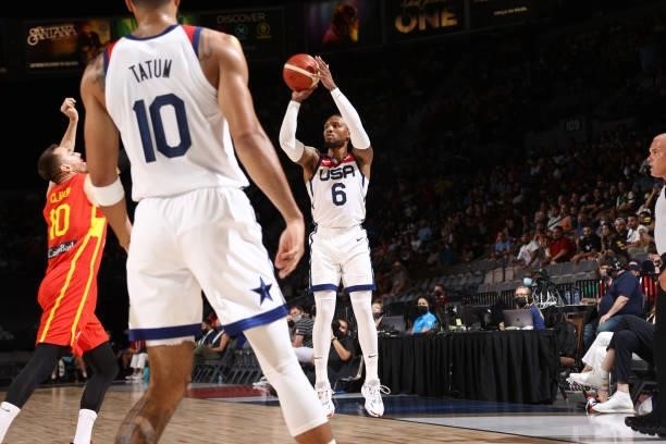 Damian Lillard of the USA Men's National Team shoots a three point basket during the game against the Spain Men's National Team on July 18, 2021 at...