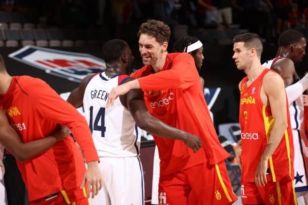 Draymond Green of the USA Men's National Team hugs Pau Gasol of the Spain Men's National Team after the game on July 18, 2021 at Michelob ULTRA Arena...