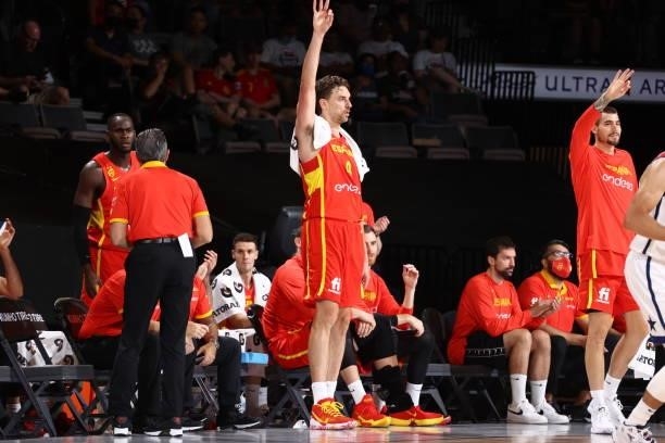 Pau Gasol of the Spain Men's National Team celebrates during the game against the USA Men's National Team on July 18, 2021 at Michelob ULTRA Arena in...
